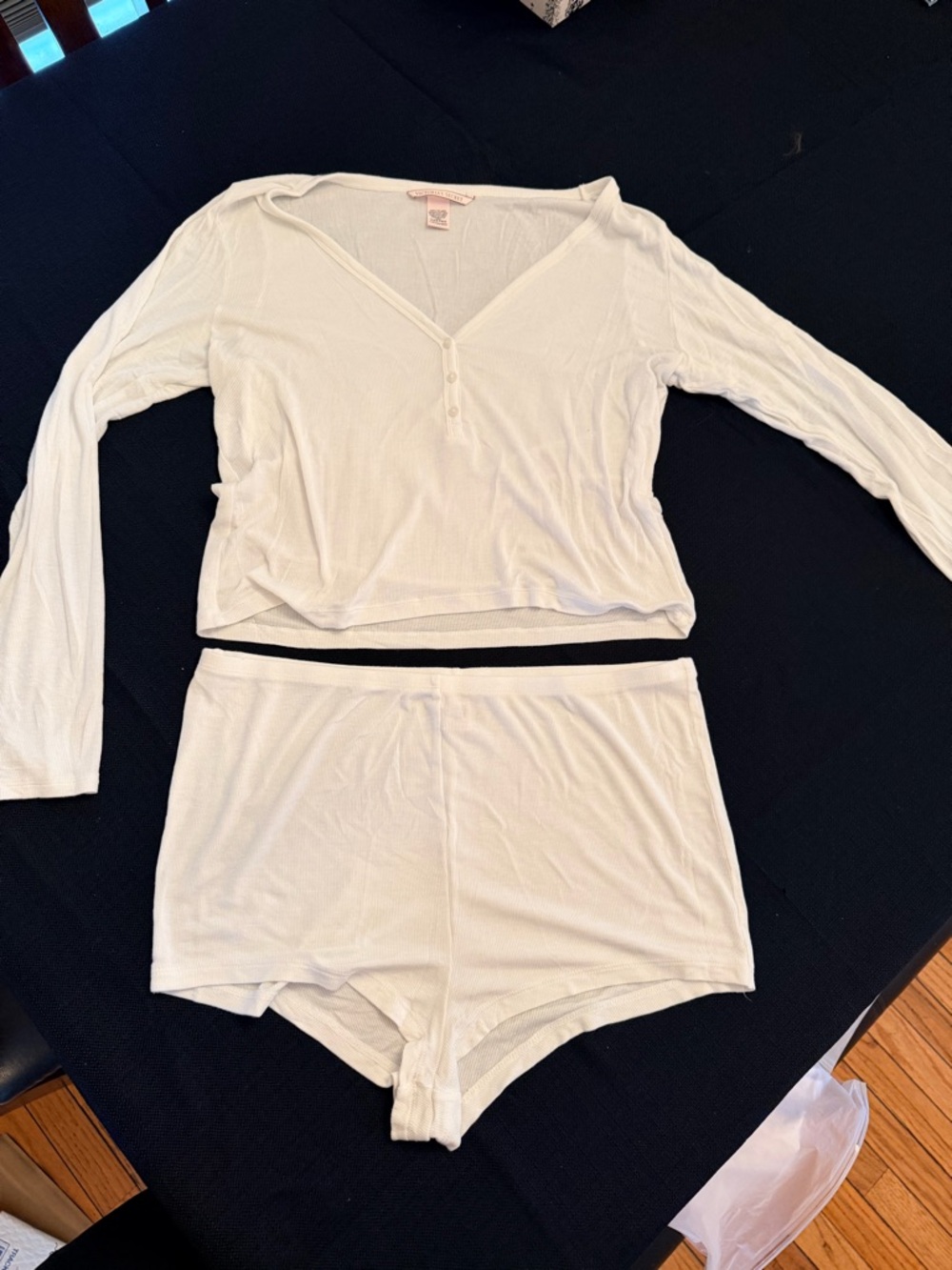 Victoria's Secret White Ribbed Henley Top & Shorts Sleep Set